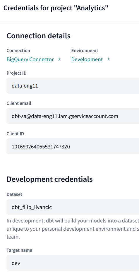 dbt develop creds
